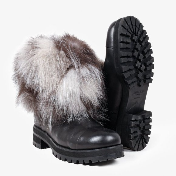Jimmy Choo Dana Black Leather Grey Fur Boots - Picture 4 of 9